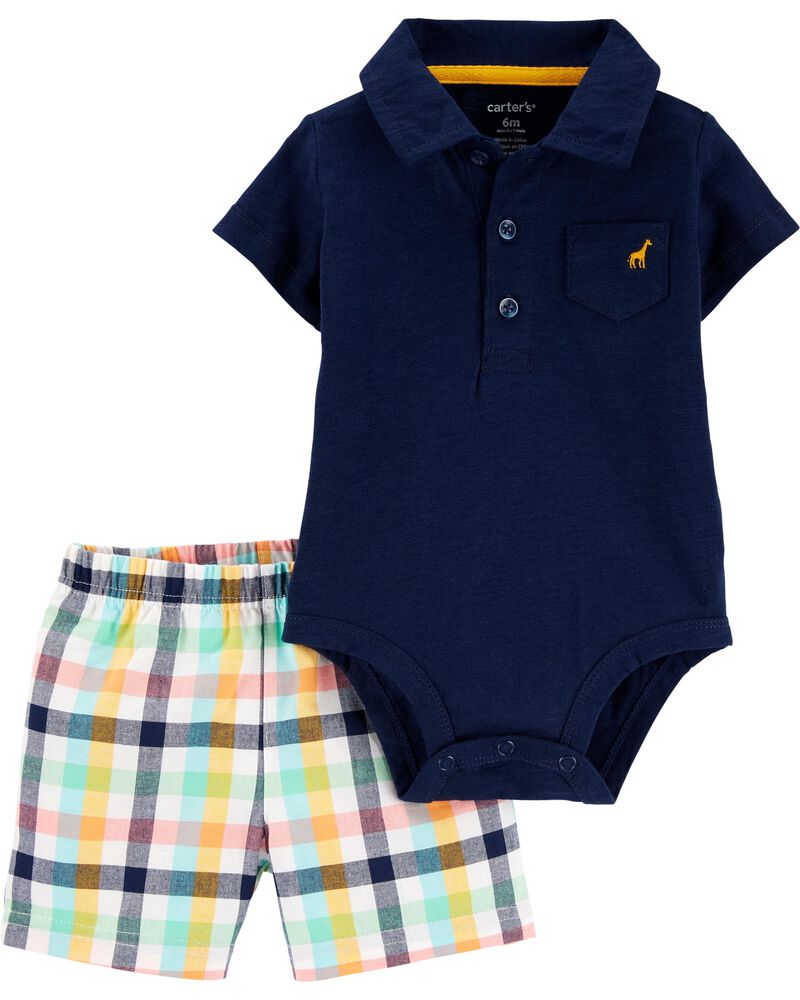 2PC Nvy Polo Bsuit Short Set