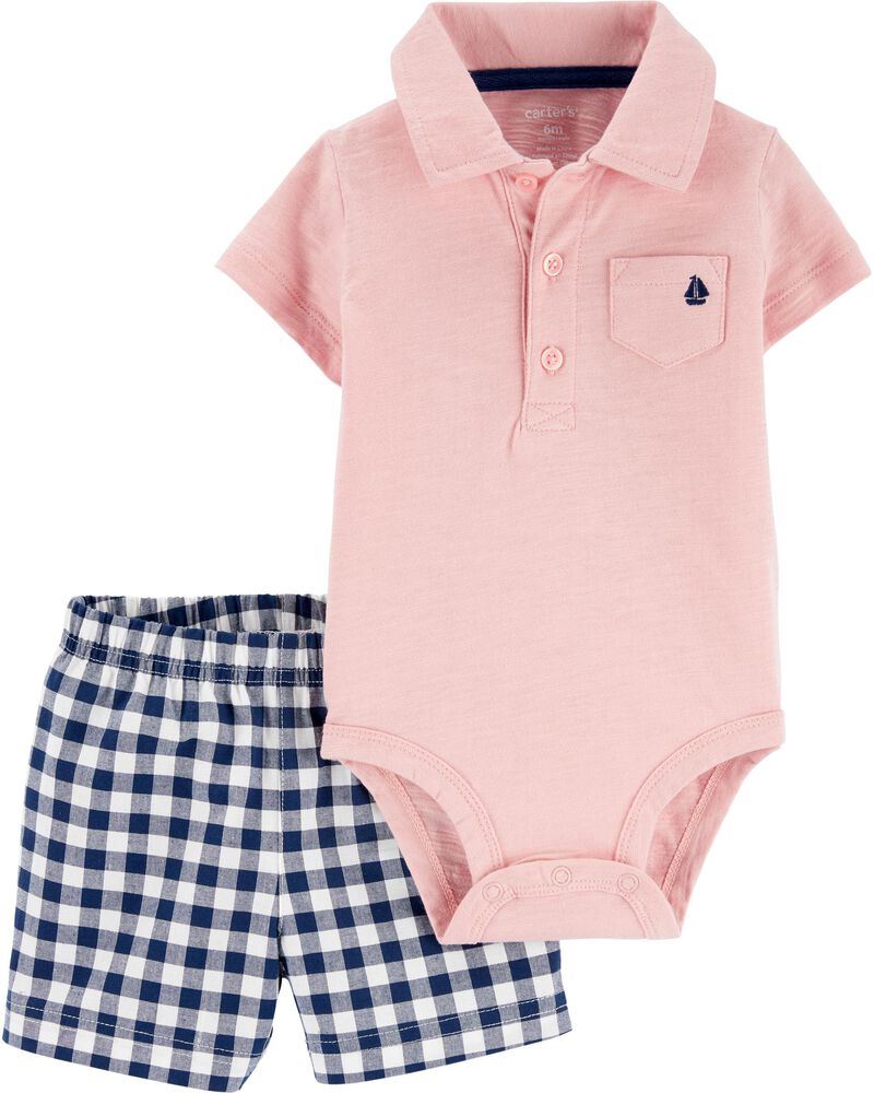 2PC Pnk Polo Bsuit Short Set