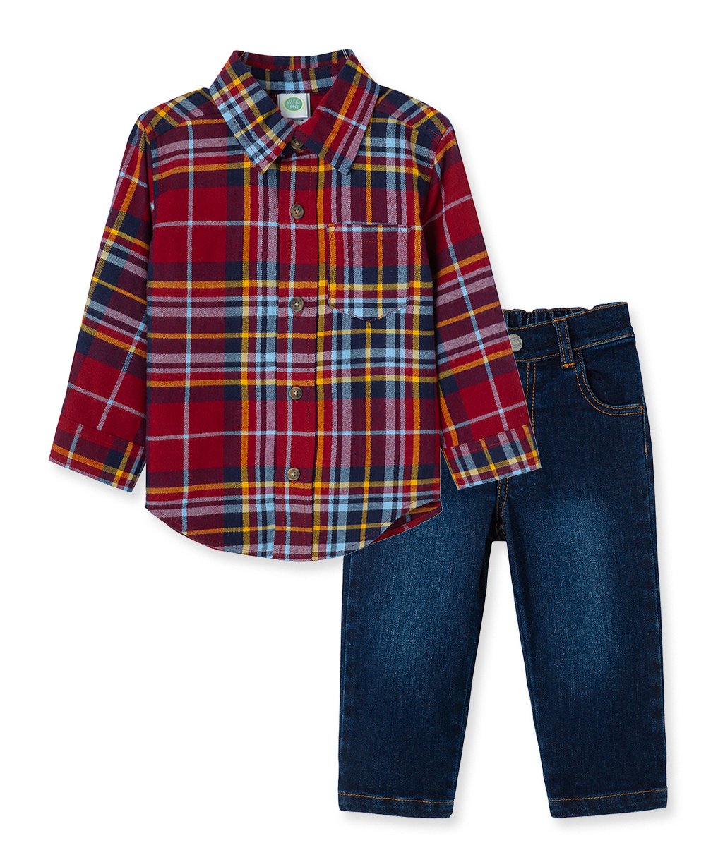 Burgundy Plaid Woven Pant Set