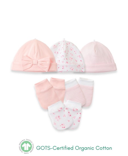 6PC HAT MITTEN SET PINK ORGANIC
