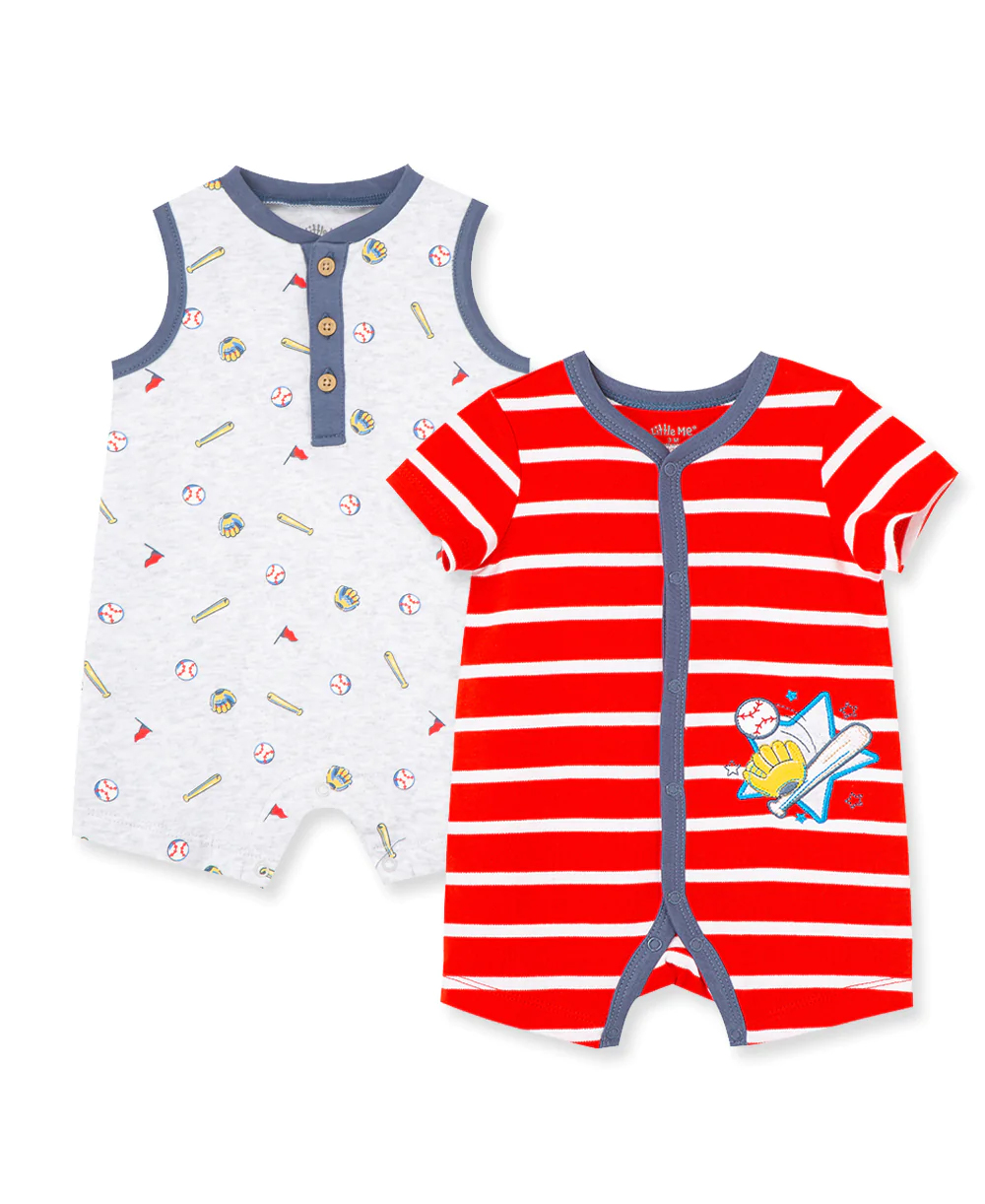 Baseball 2pk Rompers  Red