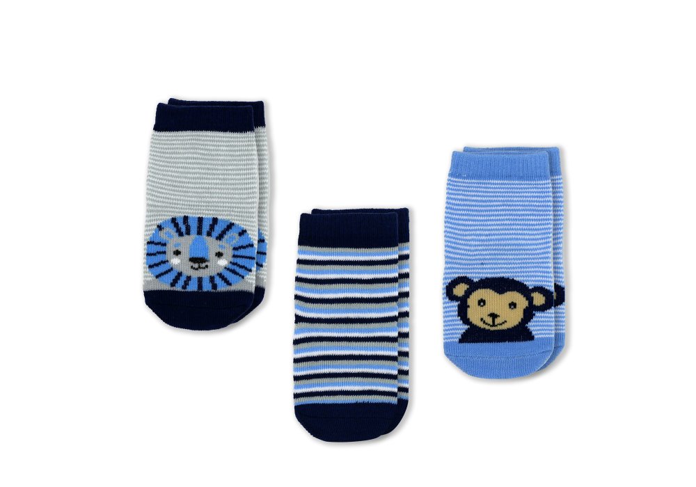 3PK Animal Faces Socks Blue