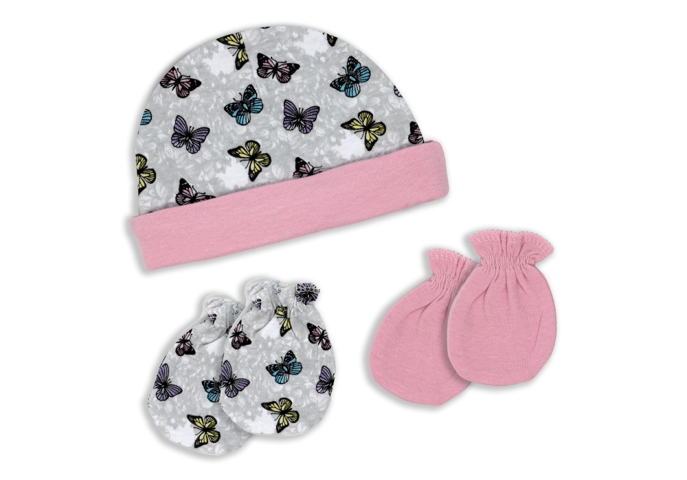 Pink Butterfly 3pk Hat Mitt Set