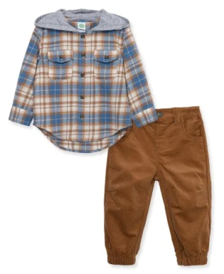 Blue Plaid Pant Set-Brown
