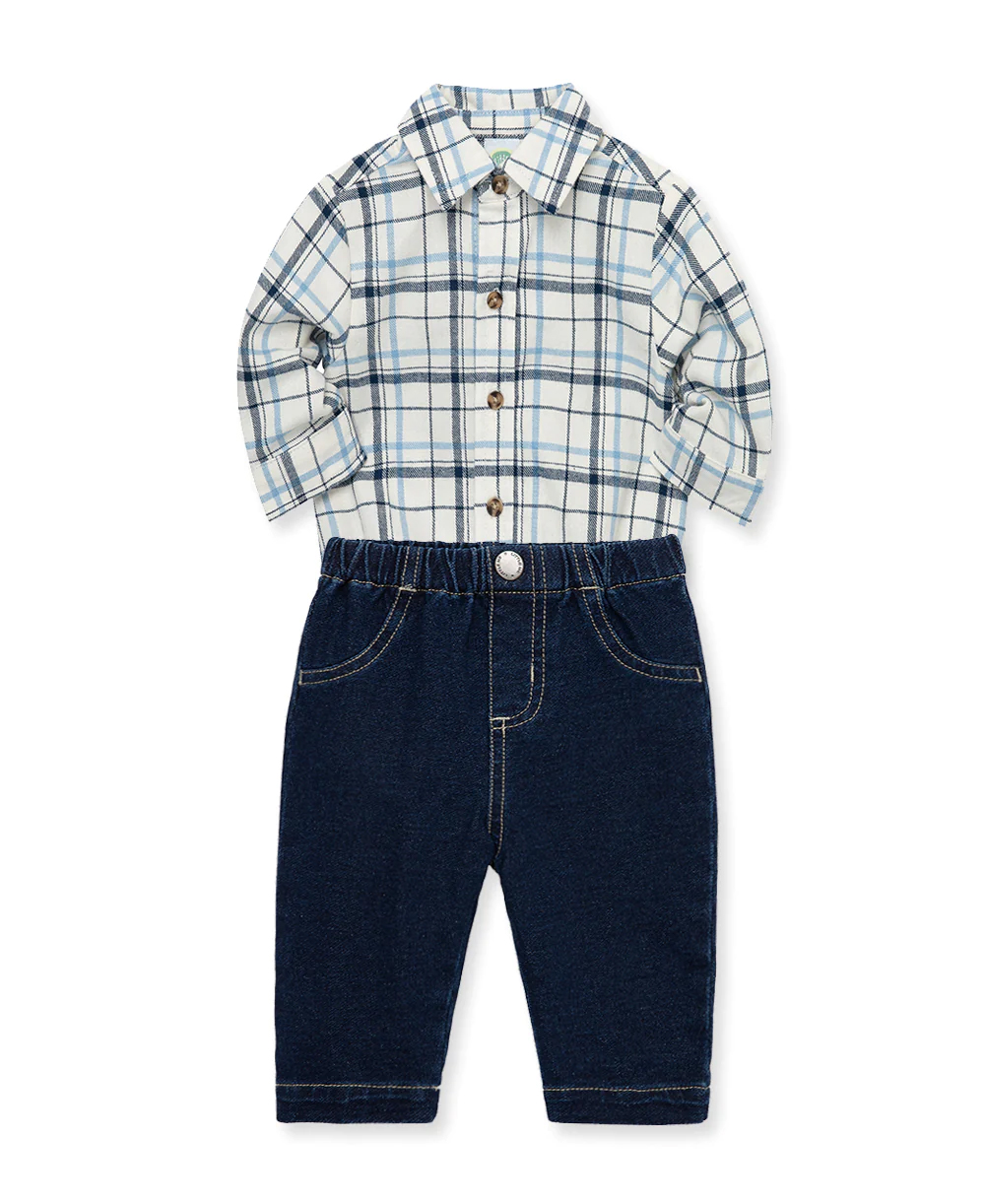Ivory Plaid Pant Set-Blue