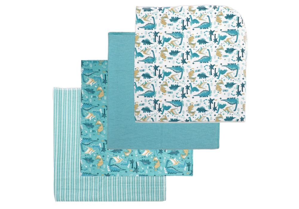 4PK RECEIVING BLANKET  TEAL DINO