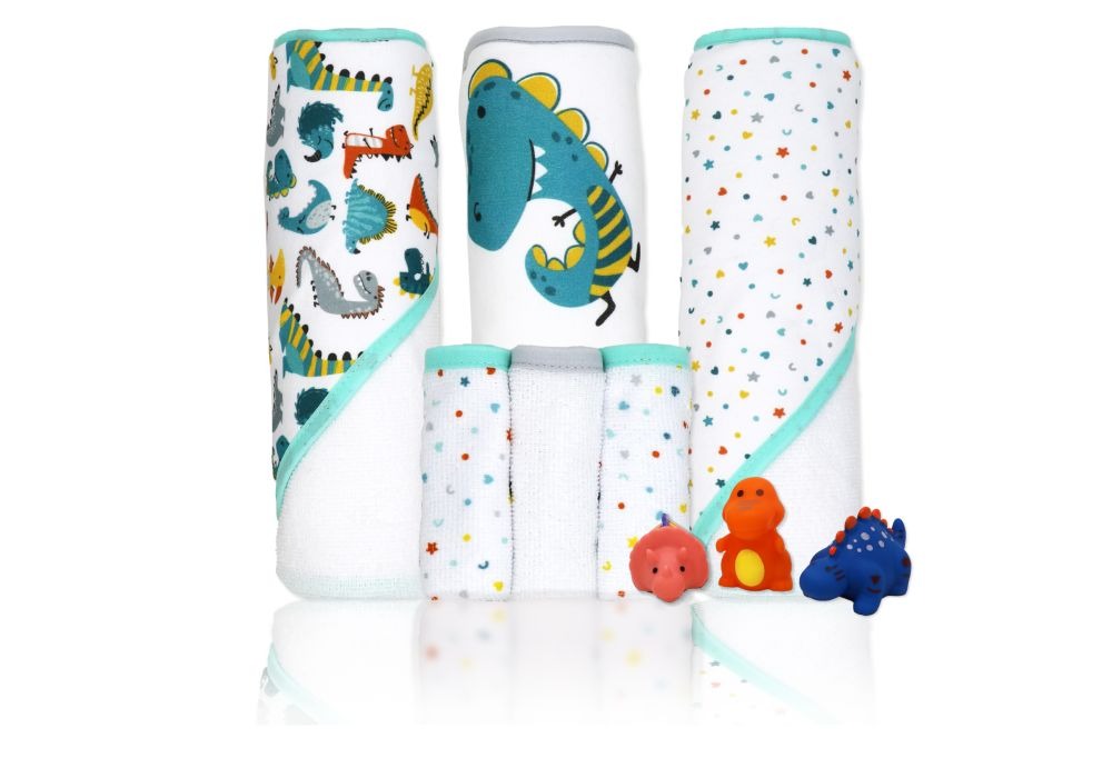 Teal Dino 9pc Hooded Towel Set