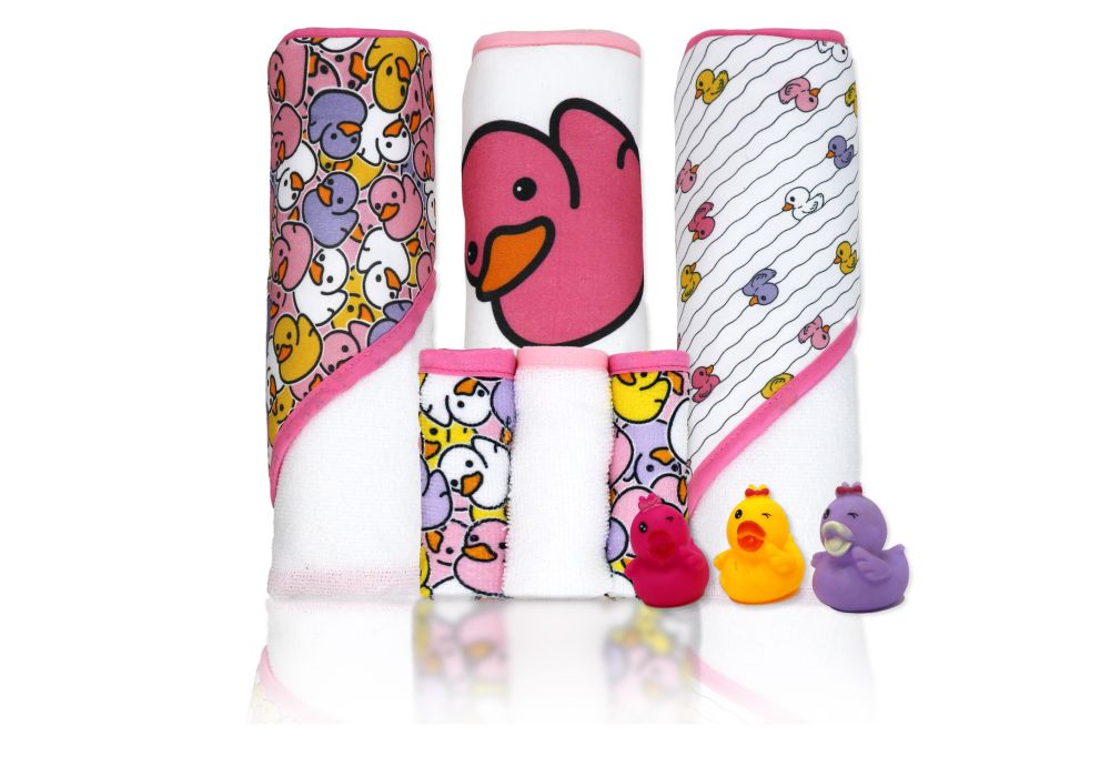 9PC HOODED TOWEL SET PINK DUCK